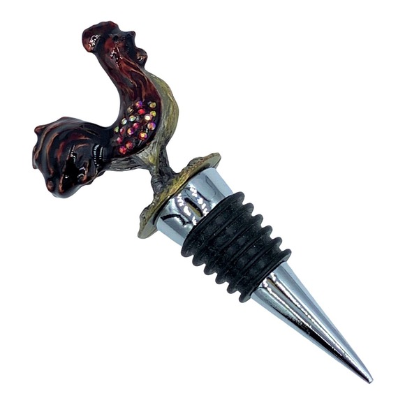 Bejeweled Rooster Wine Bottle Stopper, Enameled Pewter Rhinestones - Picture 4 of 7